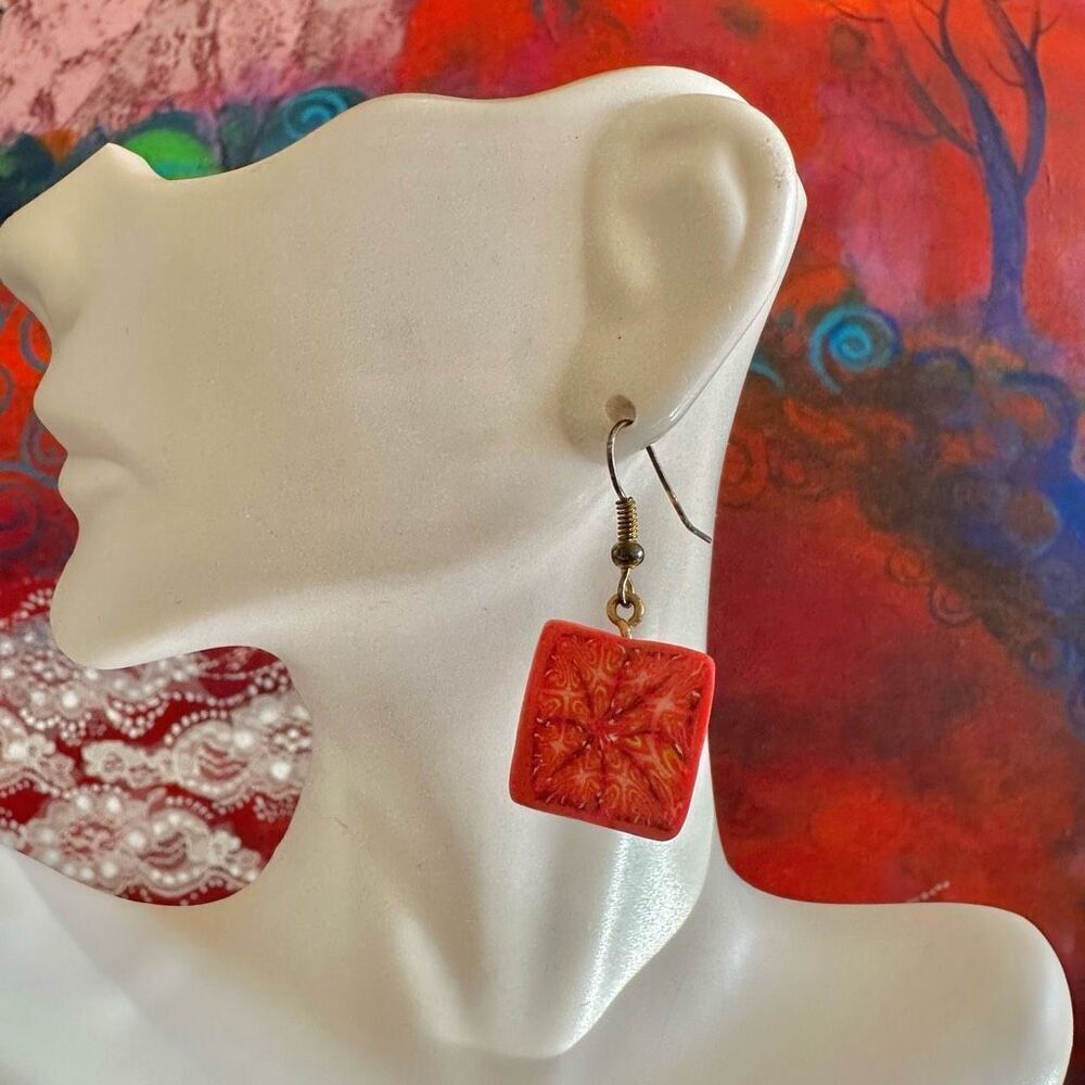 Orange square clay drop earrings - Picture 4 of 8